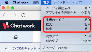 デスクトップ版アプリの表示メニューにある拡大・縮小の設定画面