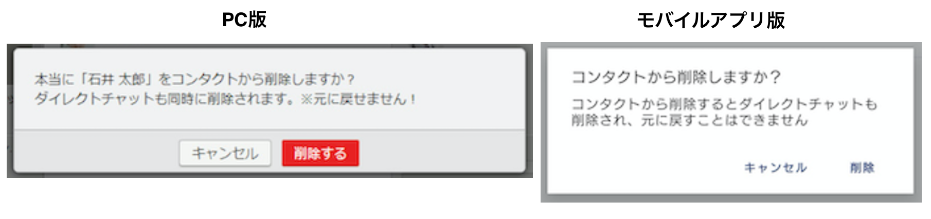 コンタクト削除時の警告画面