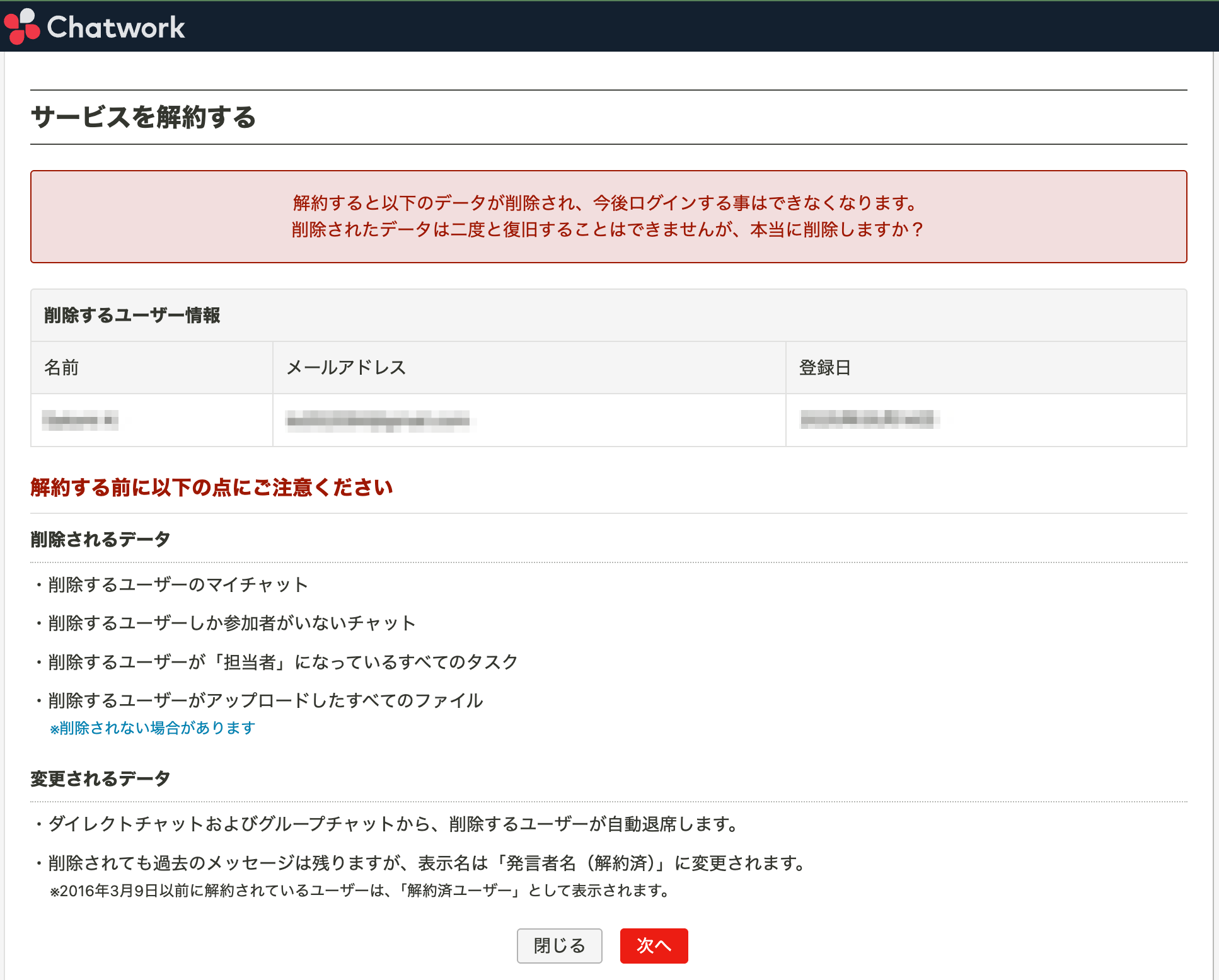 解約手続きの確認画面