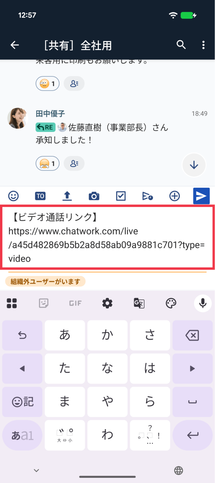 メッセージ入力欄にビデオ通話リンクが入力された状態の画面