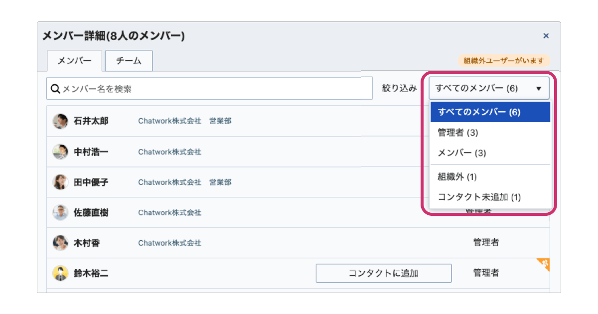 メンバー詳細画面でプルダウンから組織外が選択されている状態